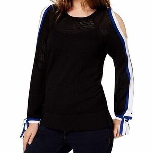 INC International Concepts Black Cold-Shoulder Sweater with Blue & White Stripes